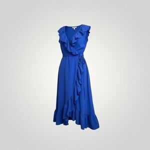 Hanna Andersson Ruffle Wrap Midi Dress Small Sleeveless Royal Blue Comfort